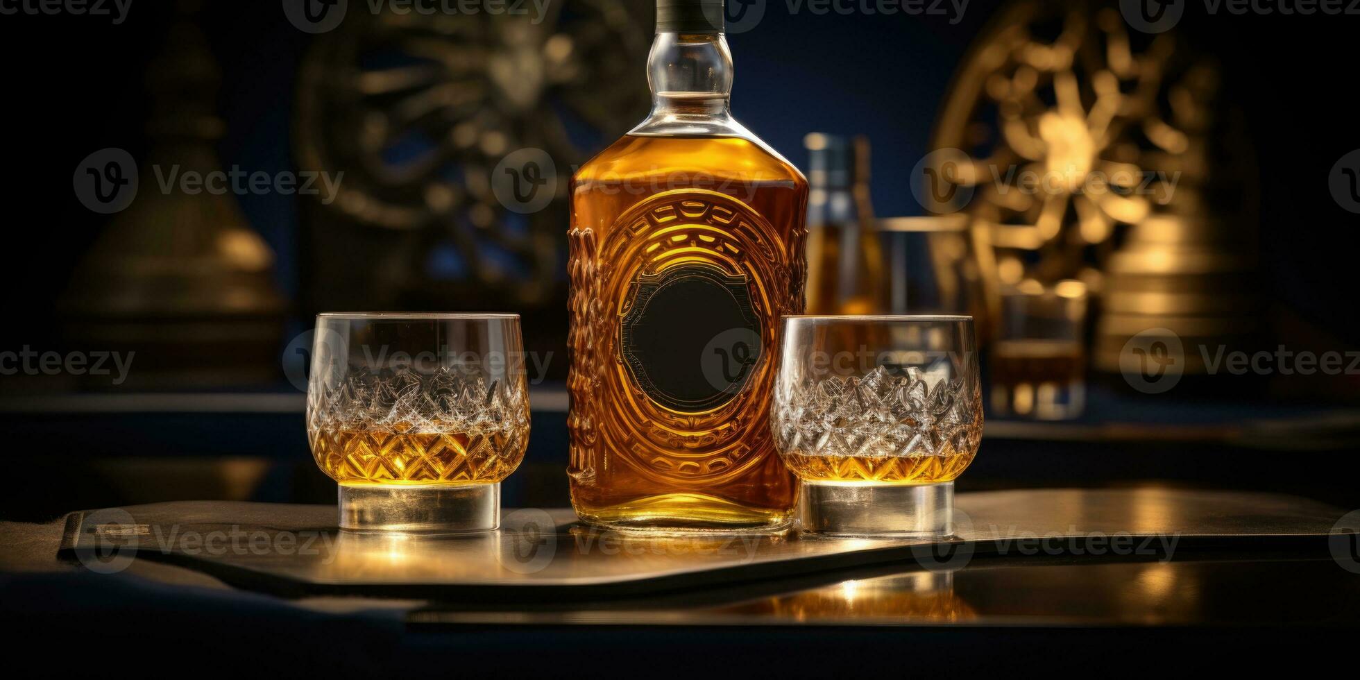 ai généré une bouteille de whisky et des lunettes sont sur le table photo