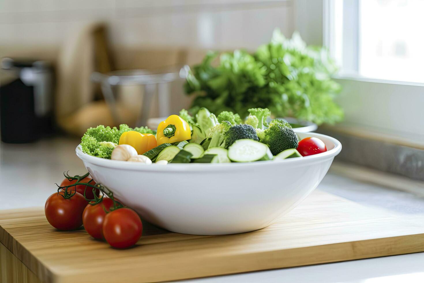 ai généré cuisine encore la vie avec blanc bol de lavé des légumes sur en bois bureau. ai généré photo