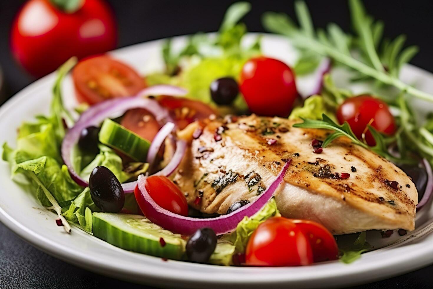 ai généré grillé poulet Sein avec tomates, rouge poivre, biologique vert et kalamata Olives. ai généré photo