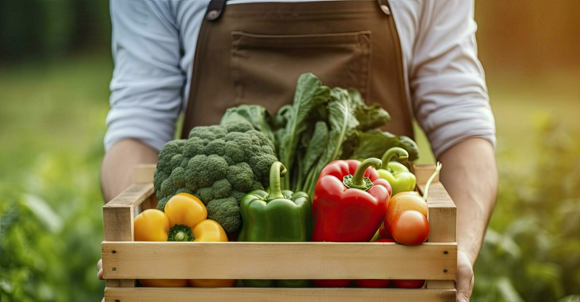 ai généré agriculteur homme en portant en bois boîte plein de Frais brut des légumes. ai généré photo