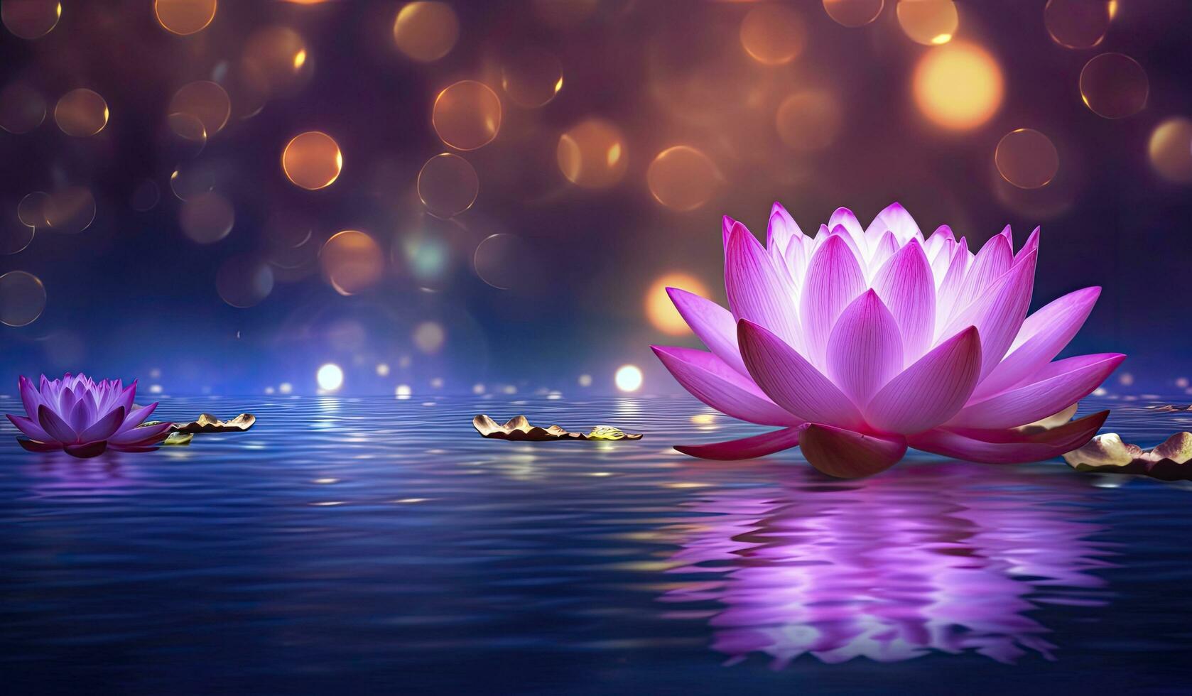 ai généré lotus rose lumière violet flottant lumière scintillait violet Contexte. ai généré photo