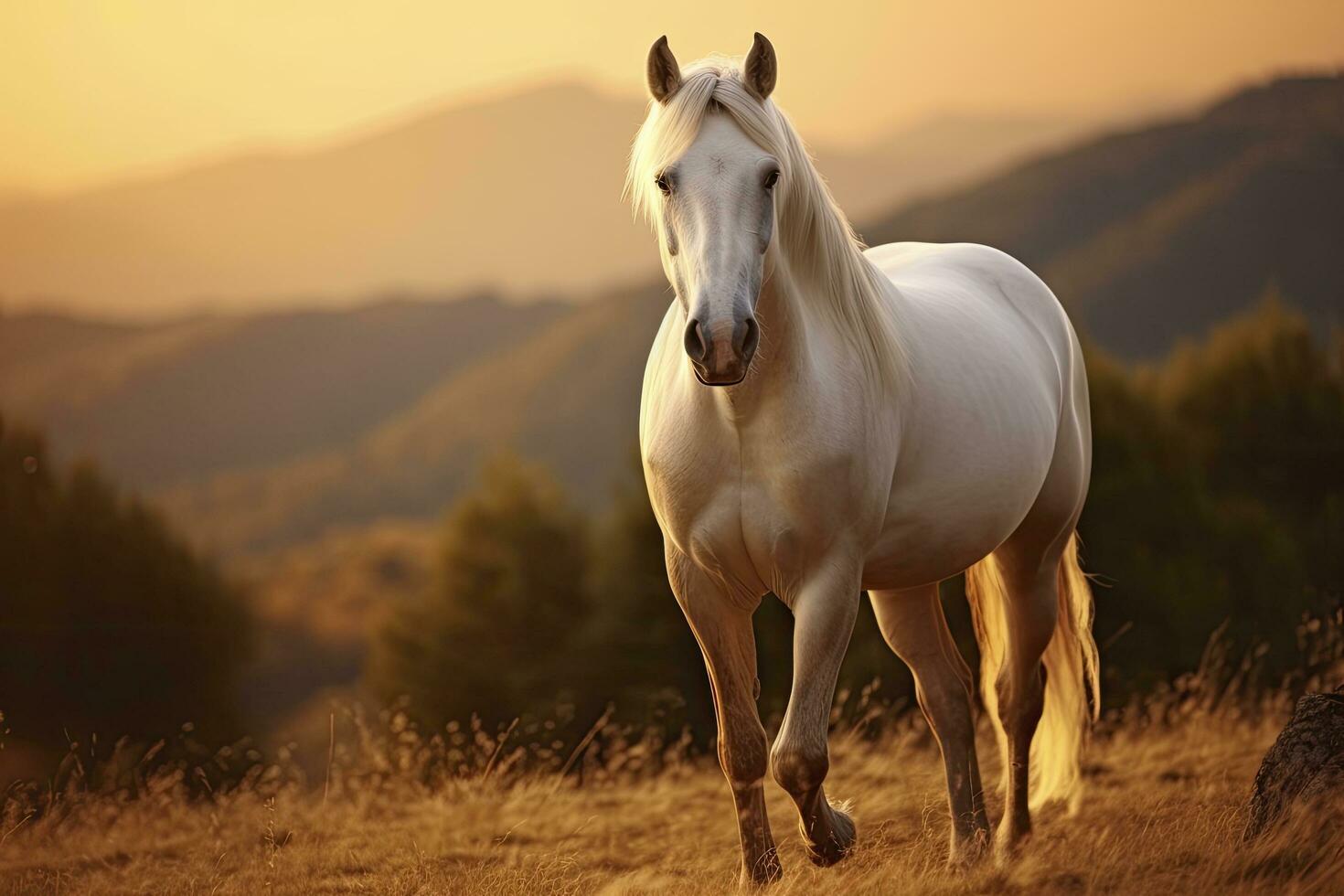 ai généré blanc cheval ou jument dans le montagnes à le coucher du soleil. ai généré photo