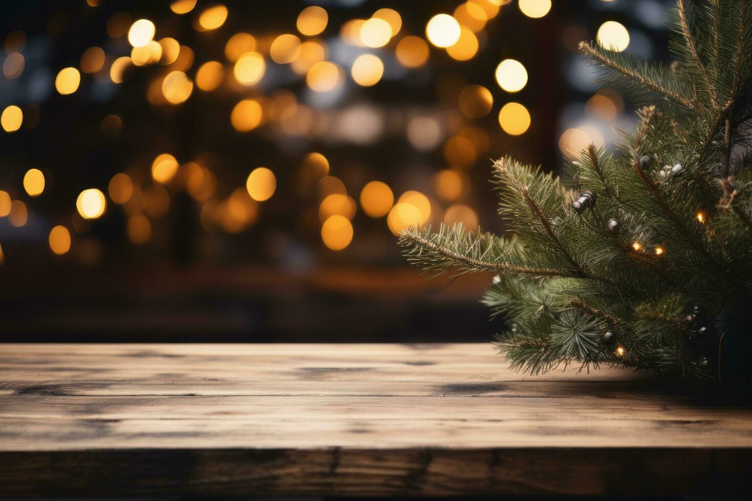 ai généré Noël arbre avec lumières sur en bois table photo