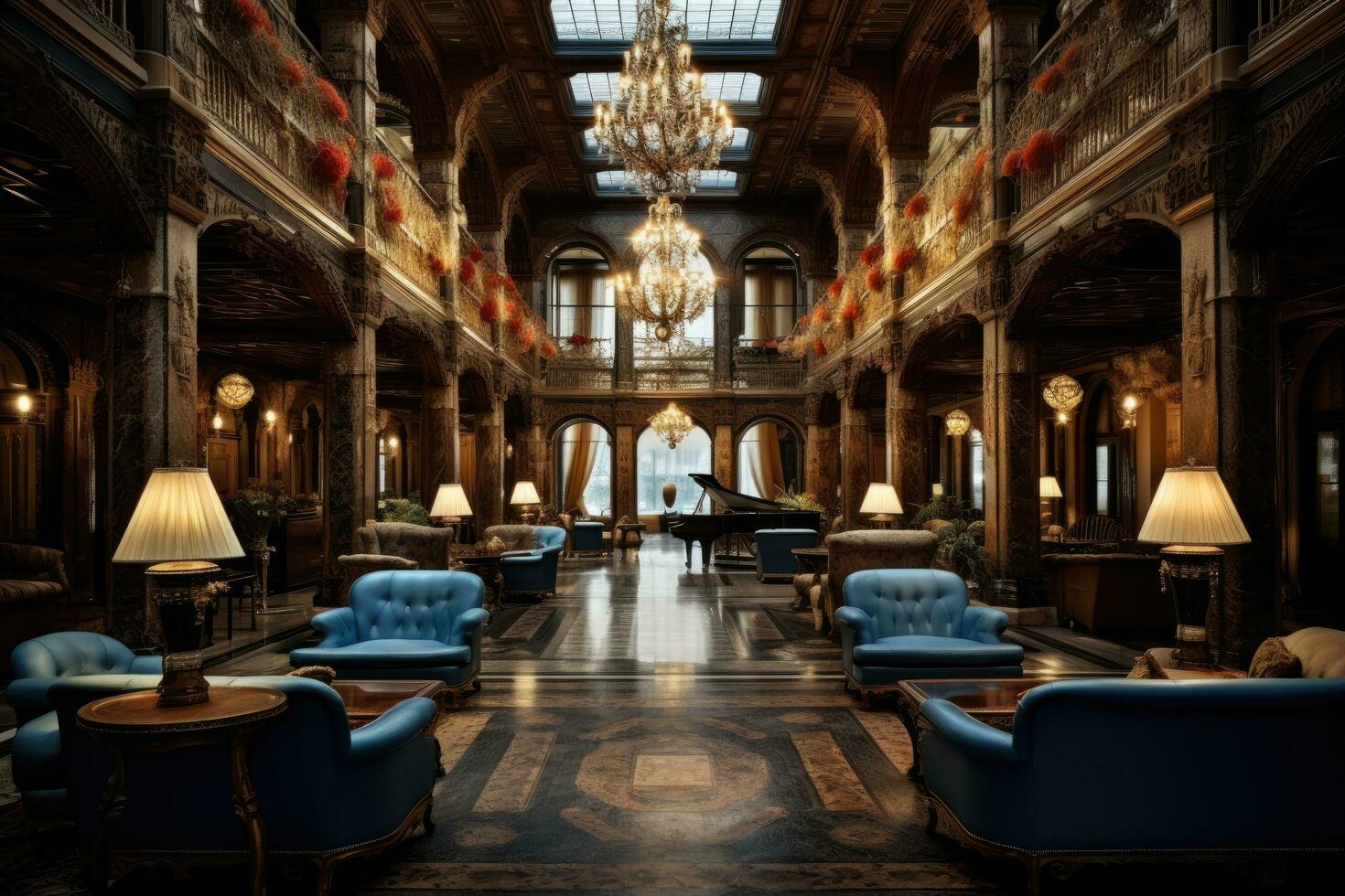 ai généré intérieur de une classique baroque Hôtel. 3d le rendu, intérieur de une Hôtel lobby, opulent Hôtel hall intérieur, ai généré photo