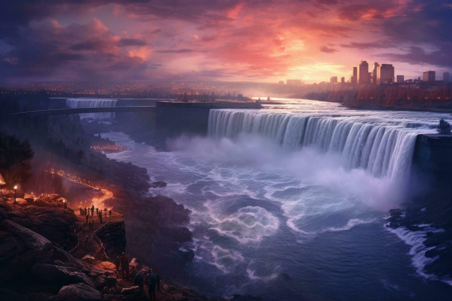 ai généré niagara chutes à coucher de soleil, ontario, Canada. le plus puissant cascade dans le monde, crépuscule à niagara chutes, ai généré photo