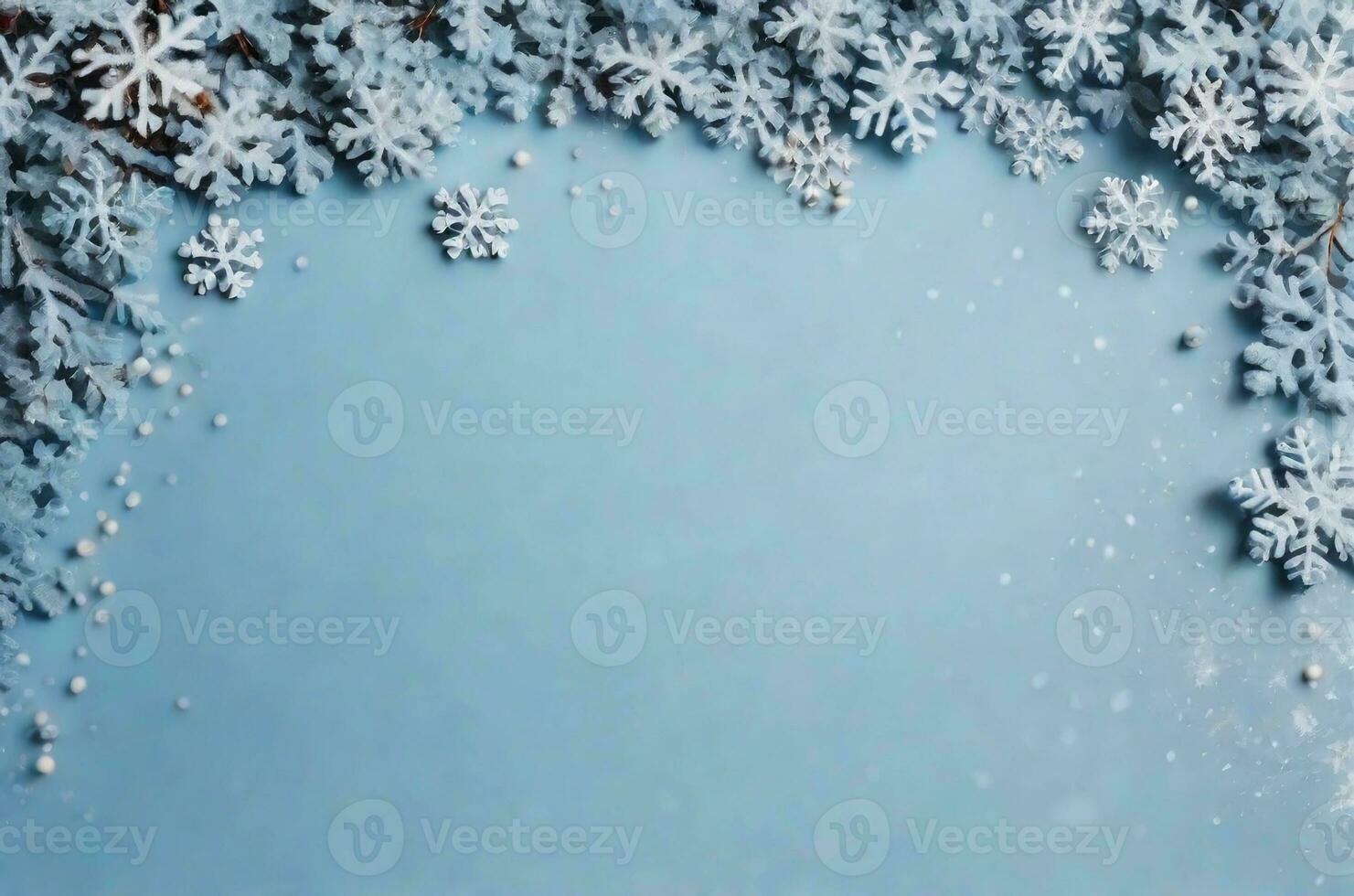 ai généré Noël Contexte avec flocons de neige sur pastel bleu texture. Haut voir, copie espace. hiver mise à plat. photo