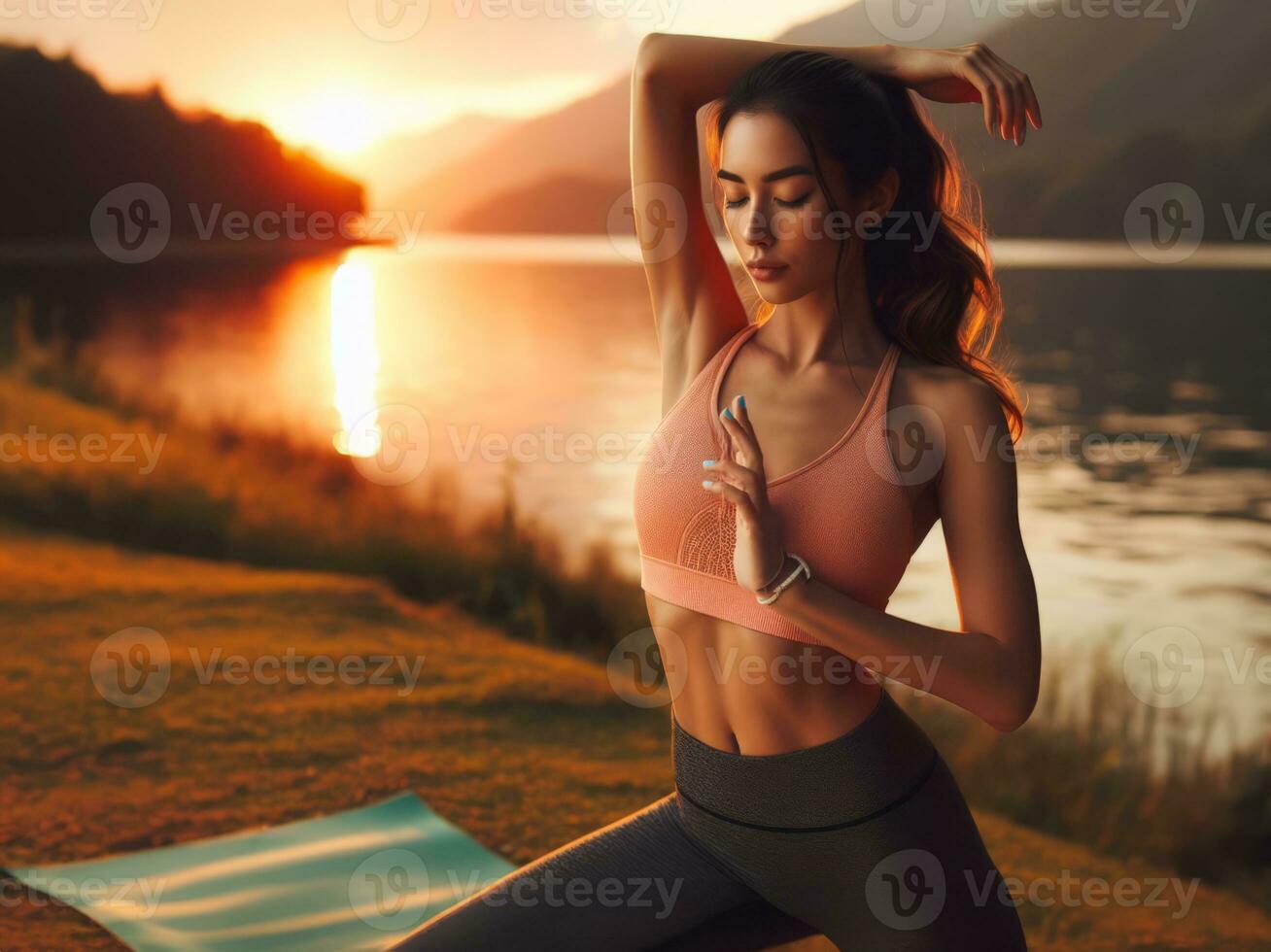 ai généré tranquille le coucher du soleil yoga, une Jeune femme médite dans la nature photo