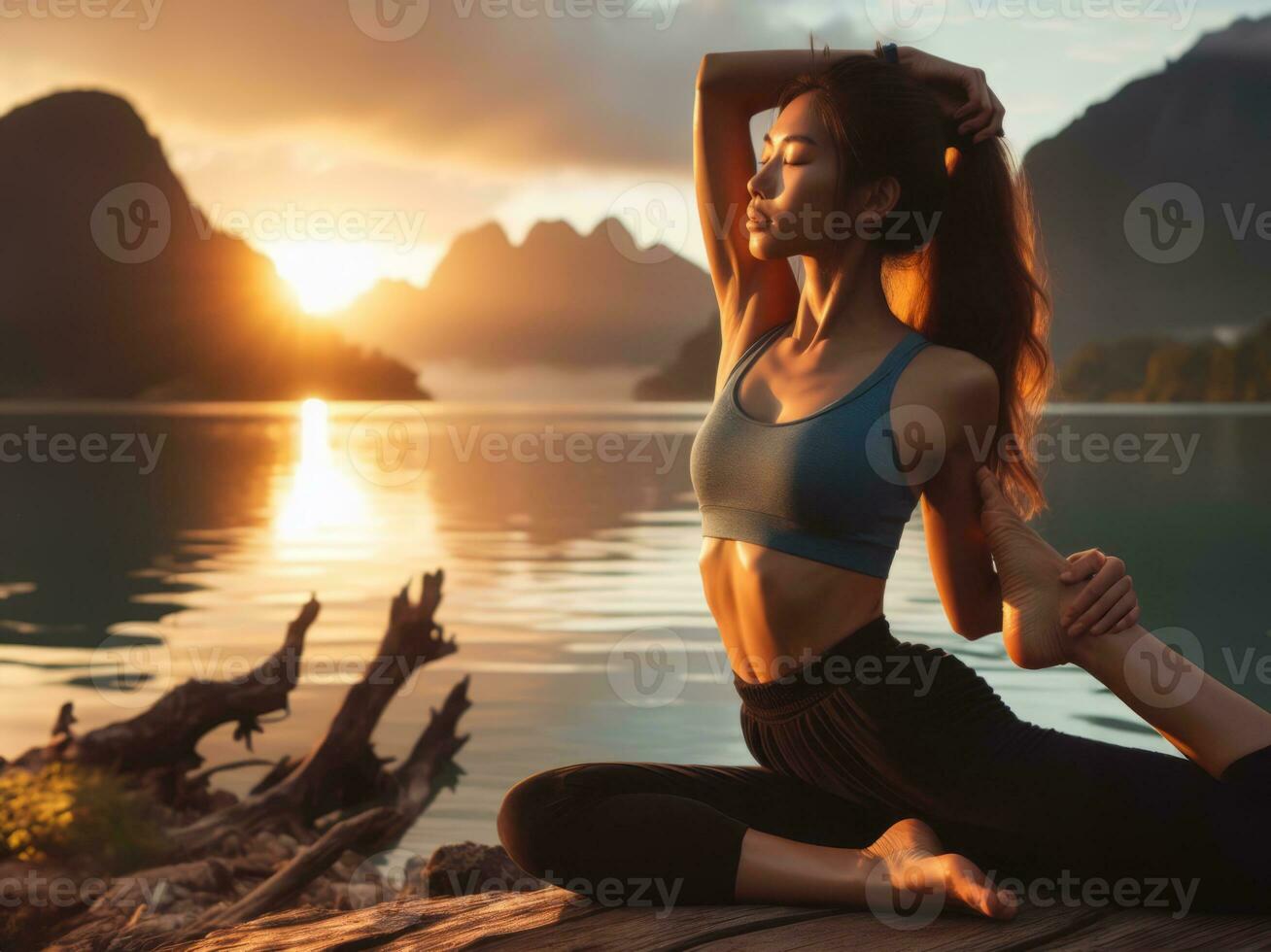 ai généré tranquille le coucher du soleil yoga, une Jeune femme médite dans la nature photo