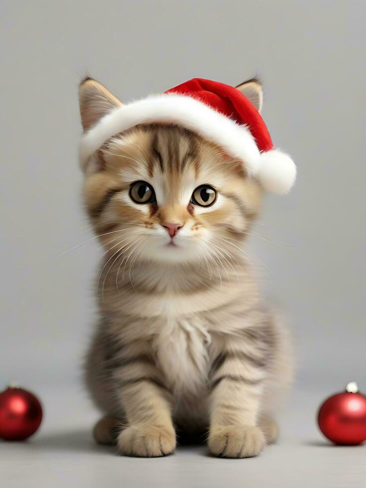 ai généré mignonne chaton sur Père Noël chapeau fond d'écran photo