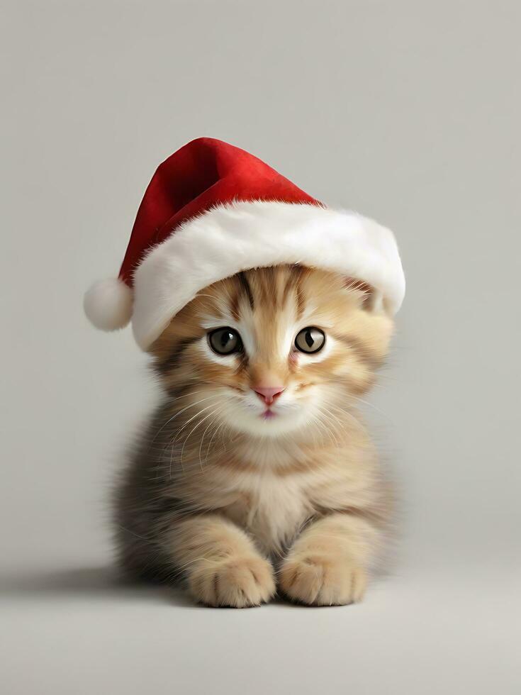 ai généré mignonne chaton sur Père Noël chapeau fond d'écran photo