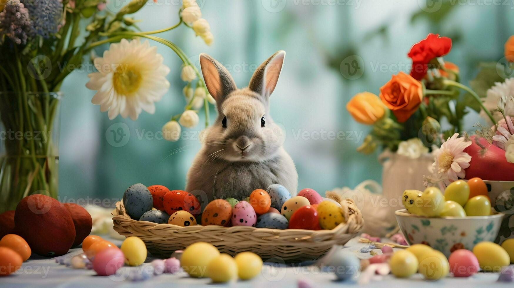 ai généré mignonne Pâques lapin dans fleurs avec coloré Caille des œufs. brillant agréable séance photo. printemps vibrations. haute qualité. ai génératif photo