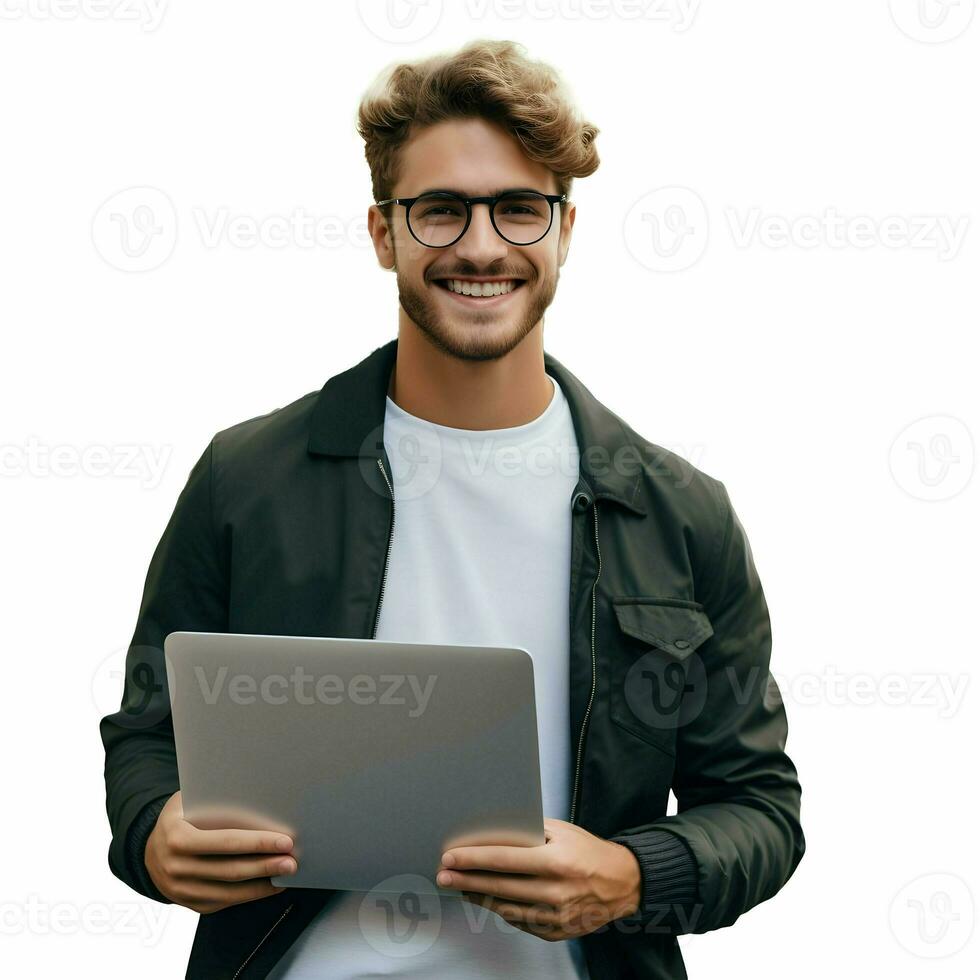 ai généré Université étudiant content souriant en portant portable isolé sur une blanc Contexte. haute qualité. ai génératif photo