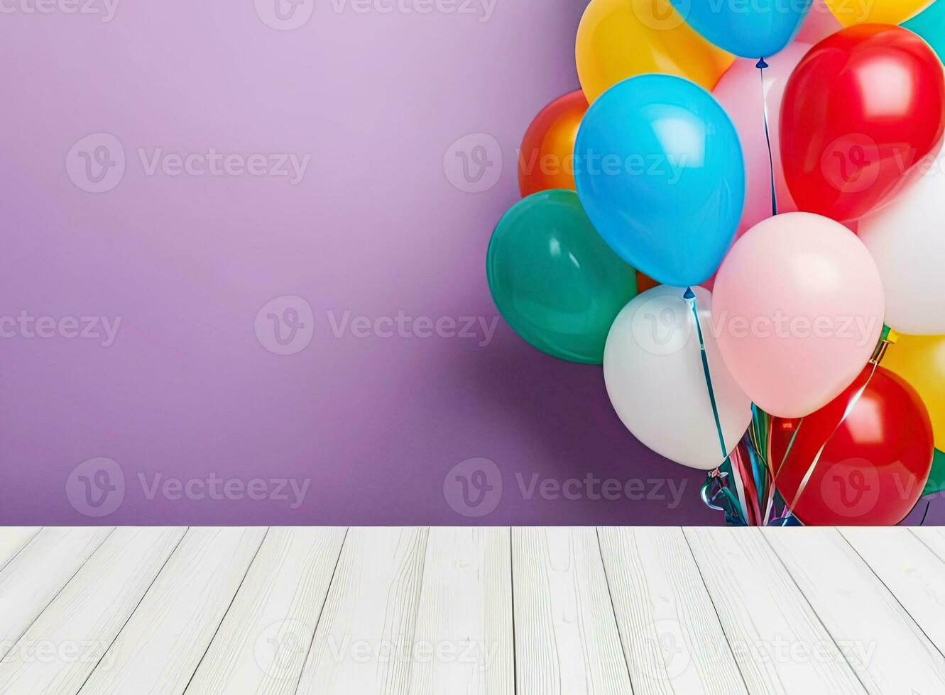 ai généré blanc en bois table sur Haut plus de des ballons. génératif ai photo