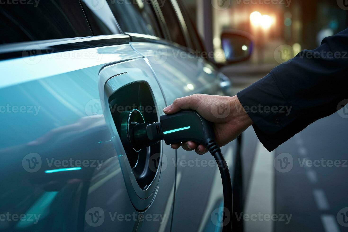 ai généré électrique voiture ou ev est mise en charge, main insertion ev mise en charge prise de courant à électrique véhicule, ai génératif photo