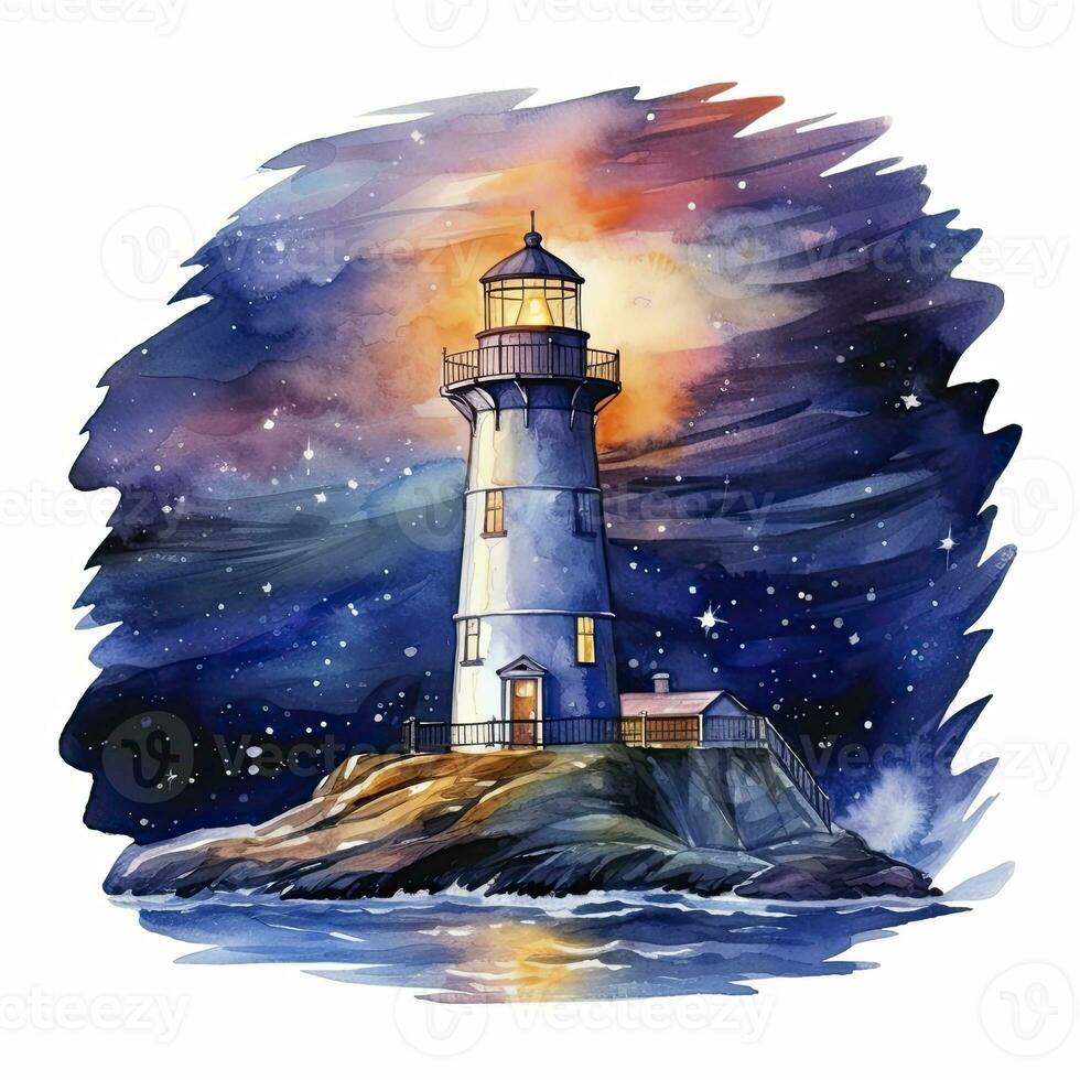 ai généré phare à côté de le mer à nuit. aquarelle pour T-shirt conception. ai généré photo