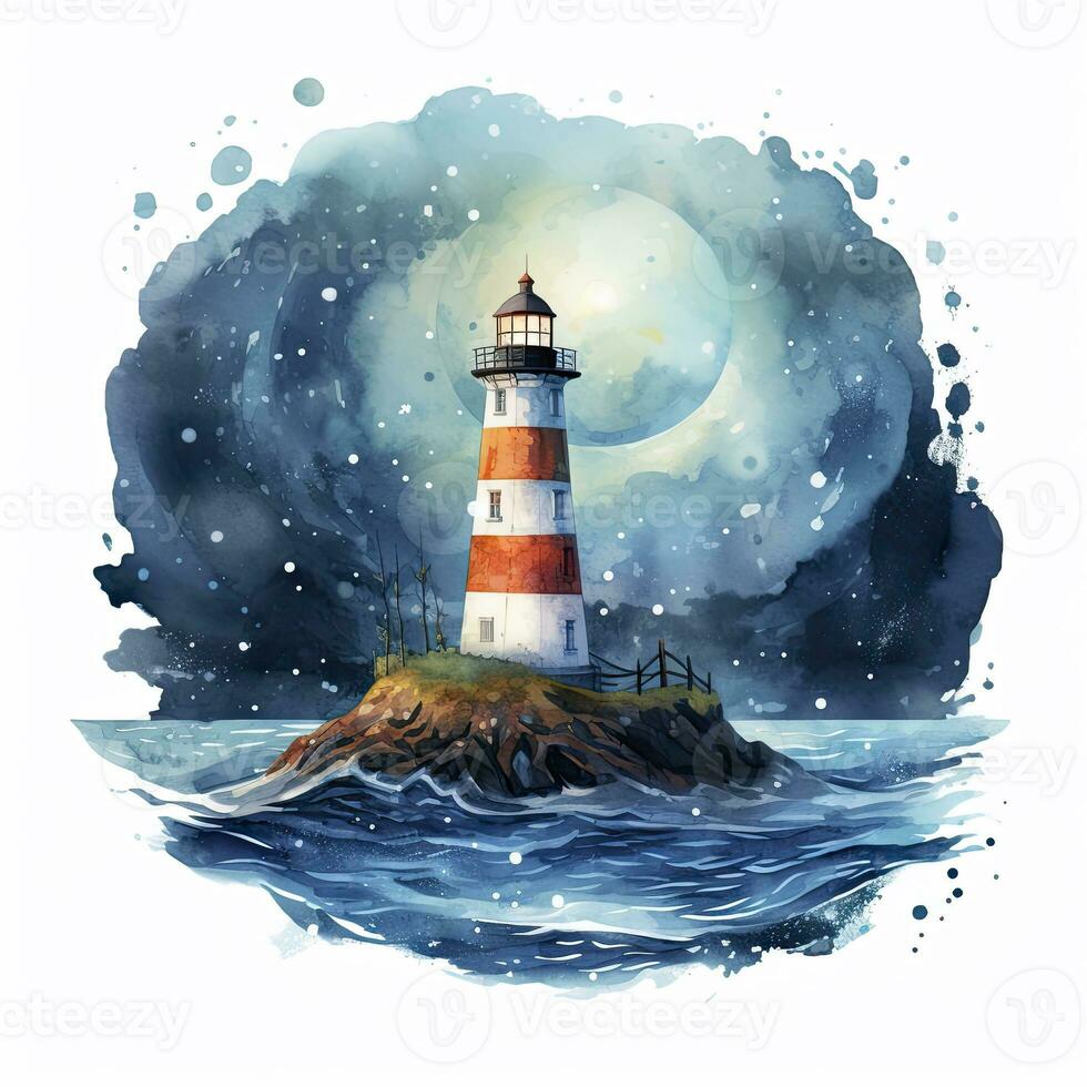 ai généré phare à côté de le mer à nuit. aquarelle pour T-shirt conception. ai généré photo