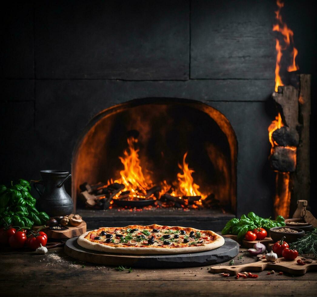 ai généré Pizza sur une en bois table dans de face de une cheminée. tonique. photo