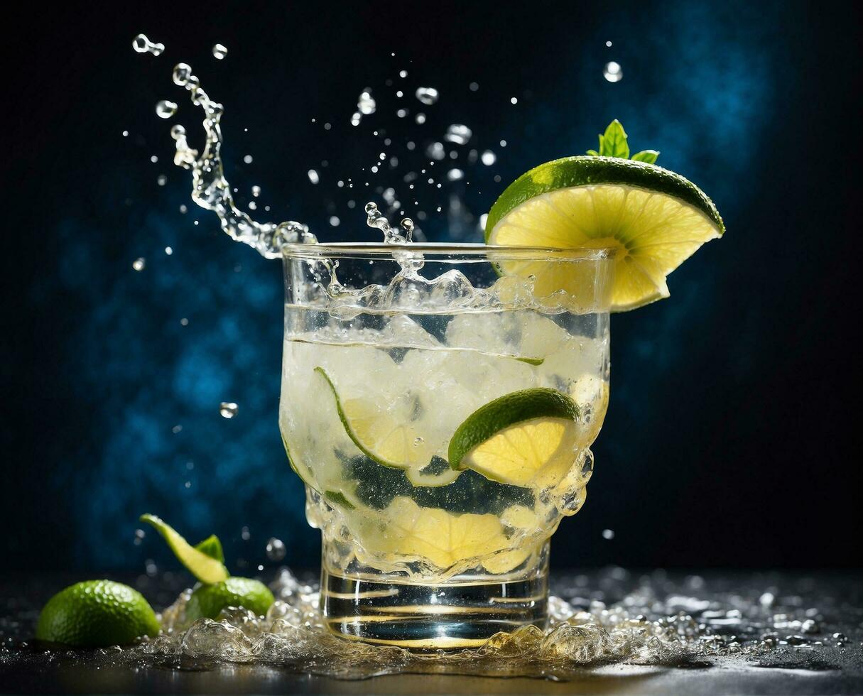 ai généré Mojito cocktail avec citron vert et la glace sur une foncé bleu Contexte photo