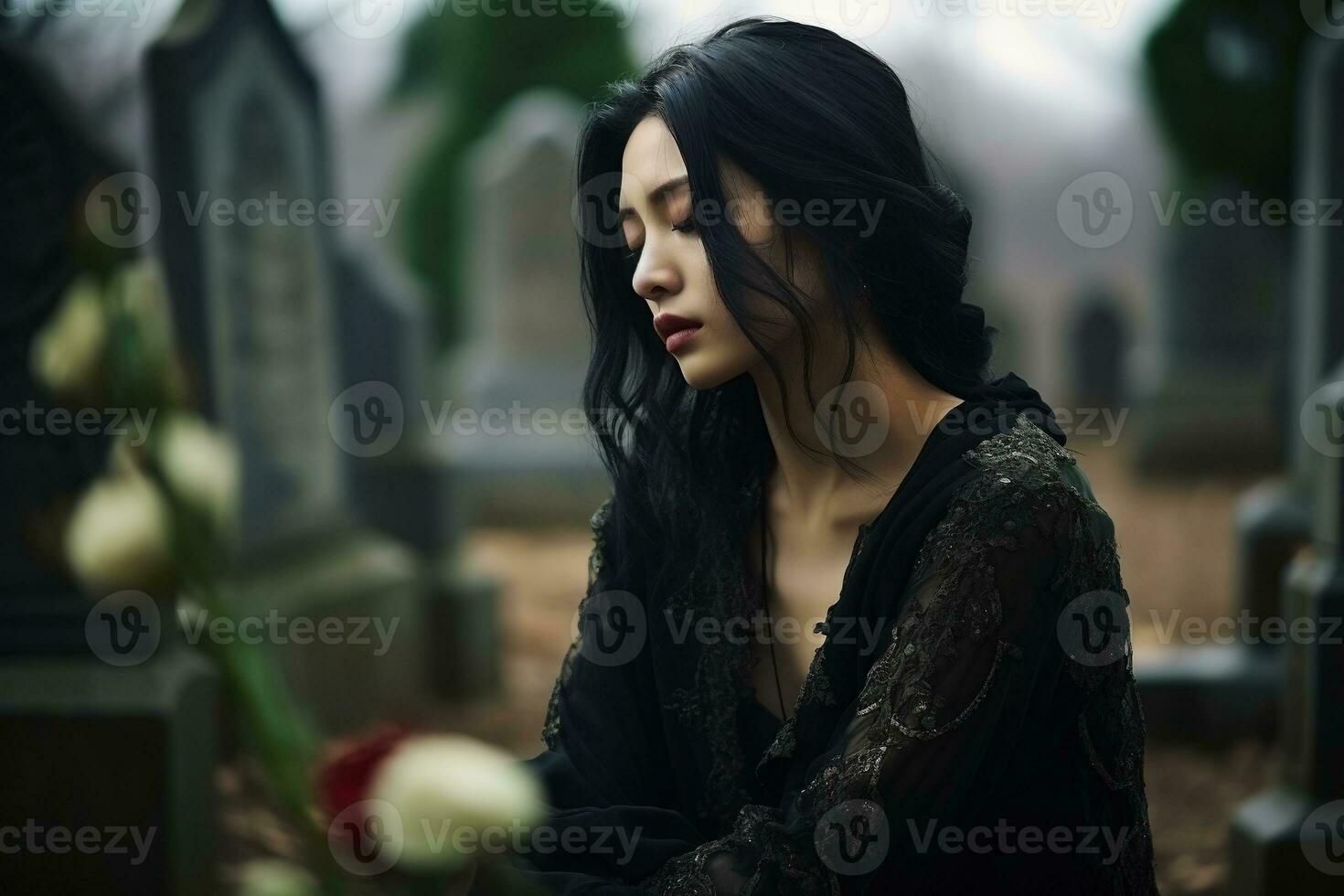 ai généré magnifique Jeune femme dans le vieux cimetière. photo