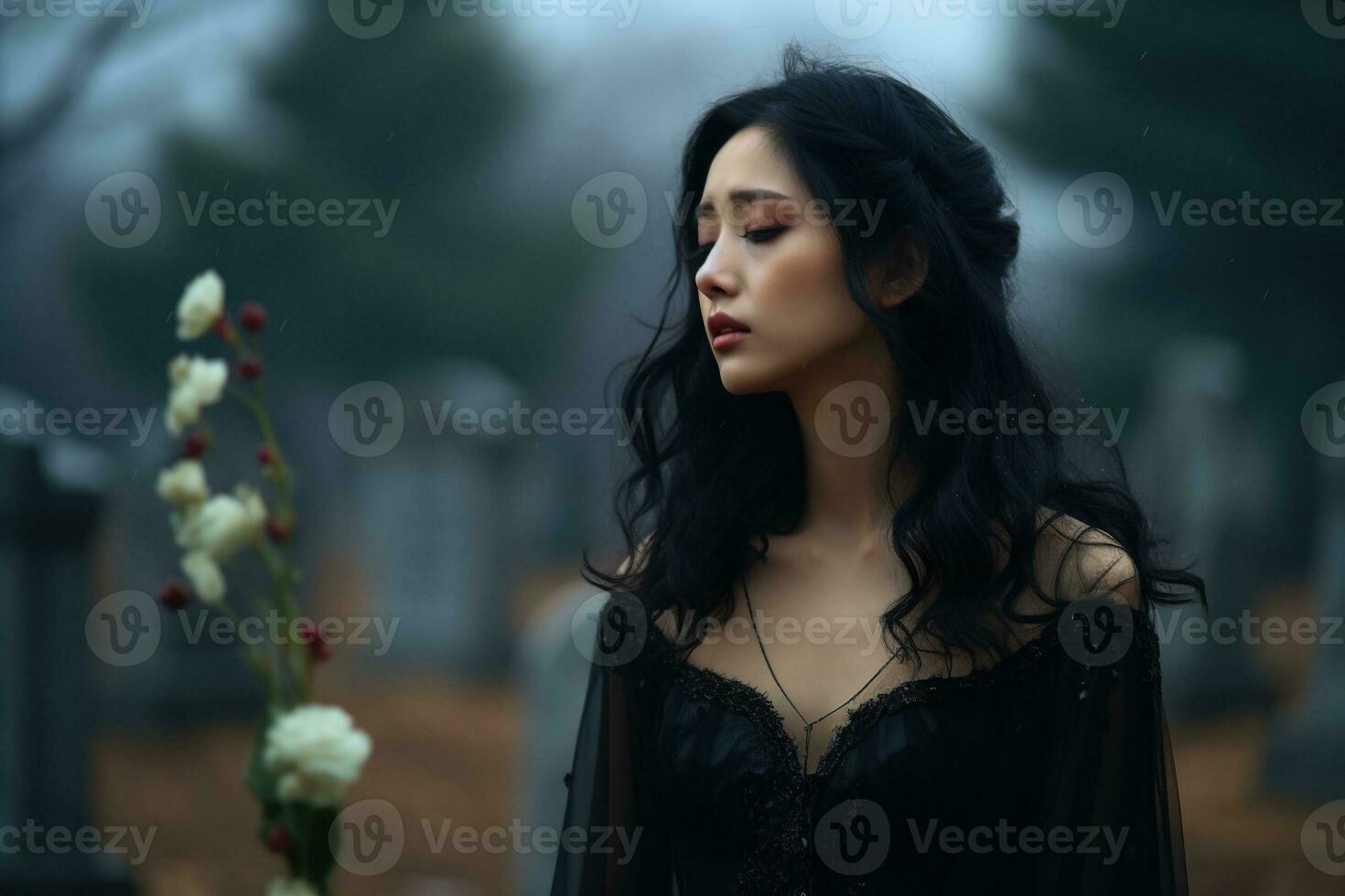 ai généré magnifique Jeune femme dans le vieux cimetière. photo