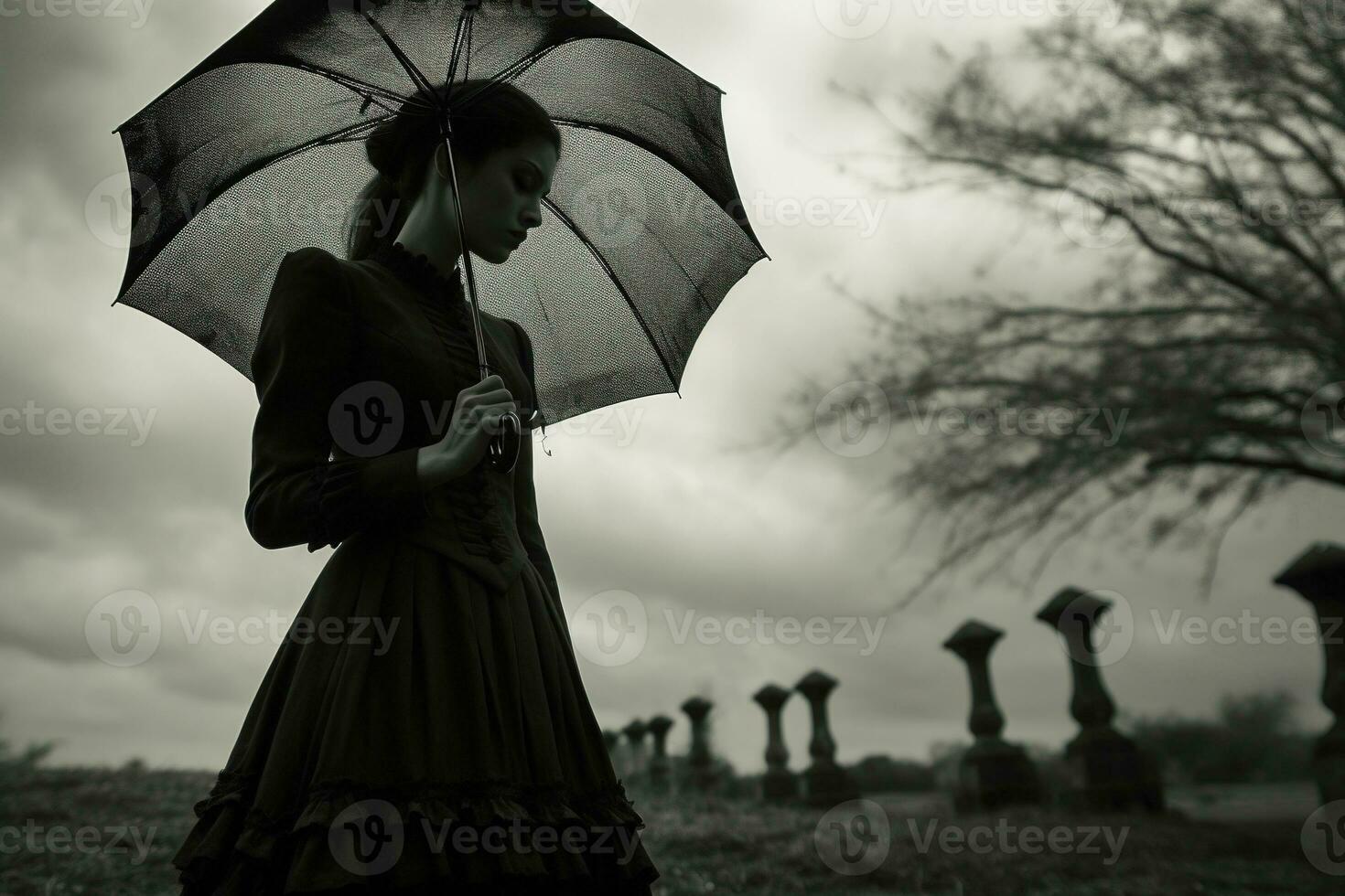 ai généré magnifique Jeune femme avec parapluie dans le cimetière photo