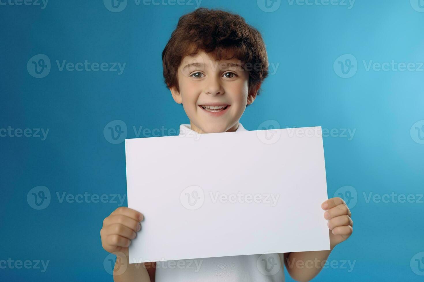 ai généré peu garçon en portant une Vide blanc feuille de papier photo