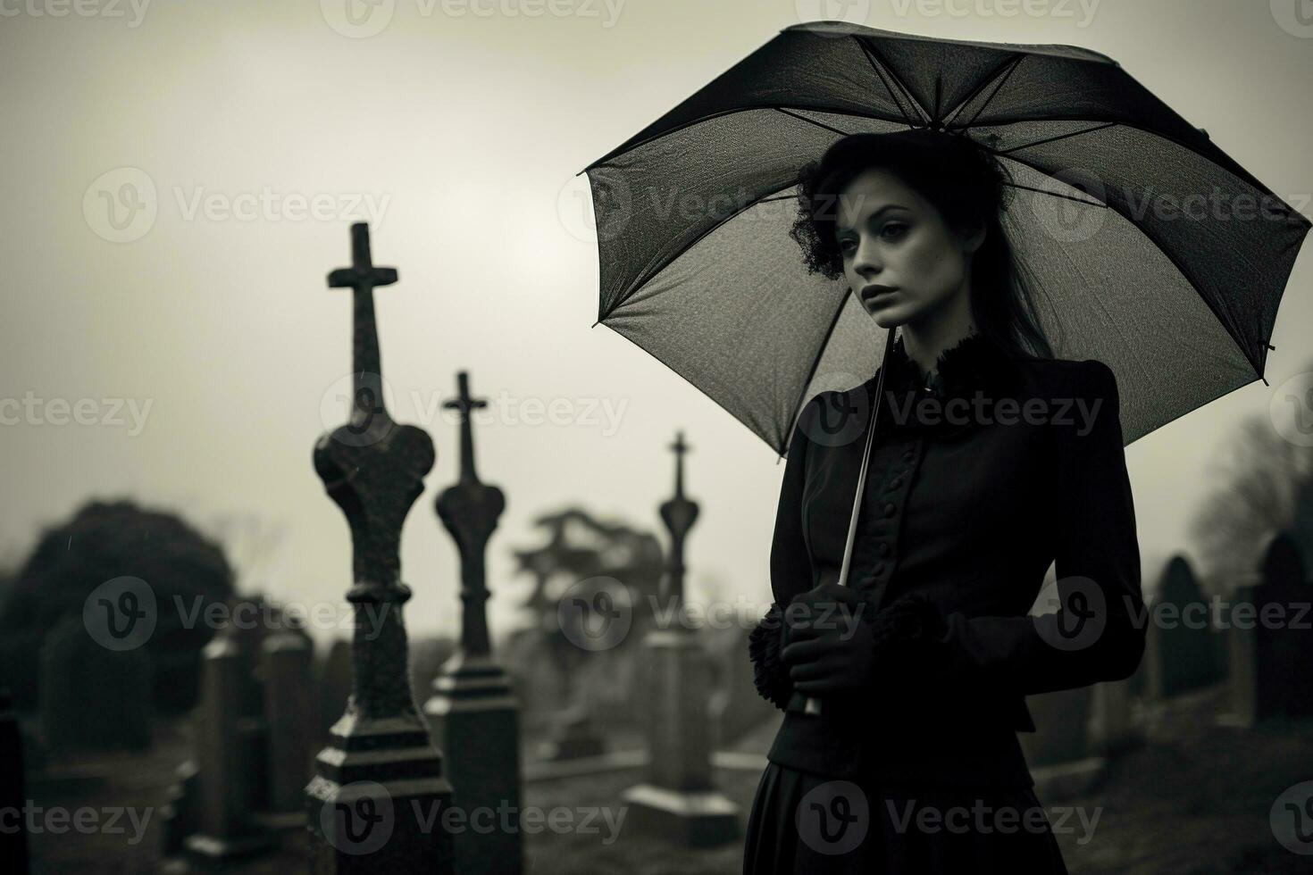 ai généré magnifique Jeune femme avec parapluie dans le cimetière photo