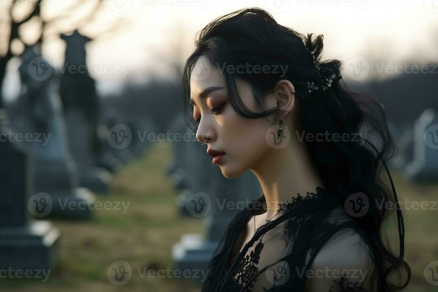 ai généré magnifique Jeune femme dans le vieux cimetière. photo