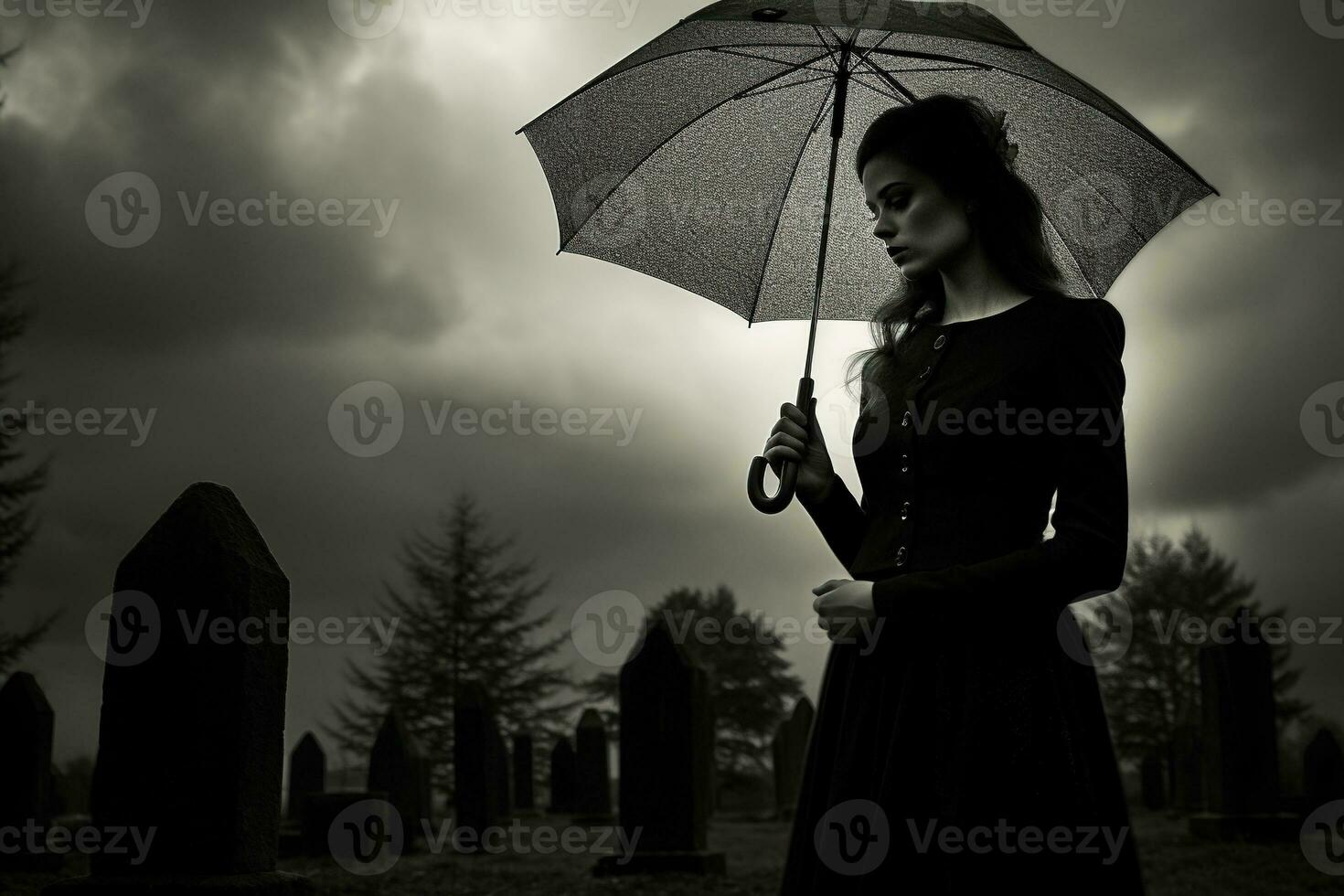 ai généré magnifique Jeune femme avec parapluie dans le cimetière photo