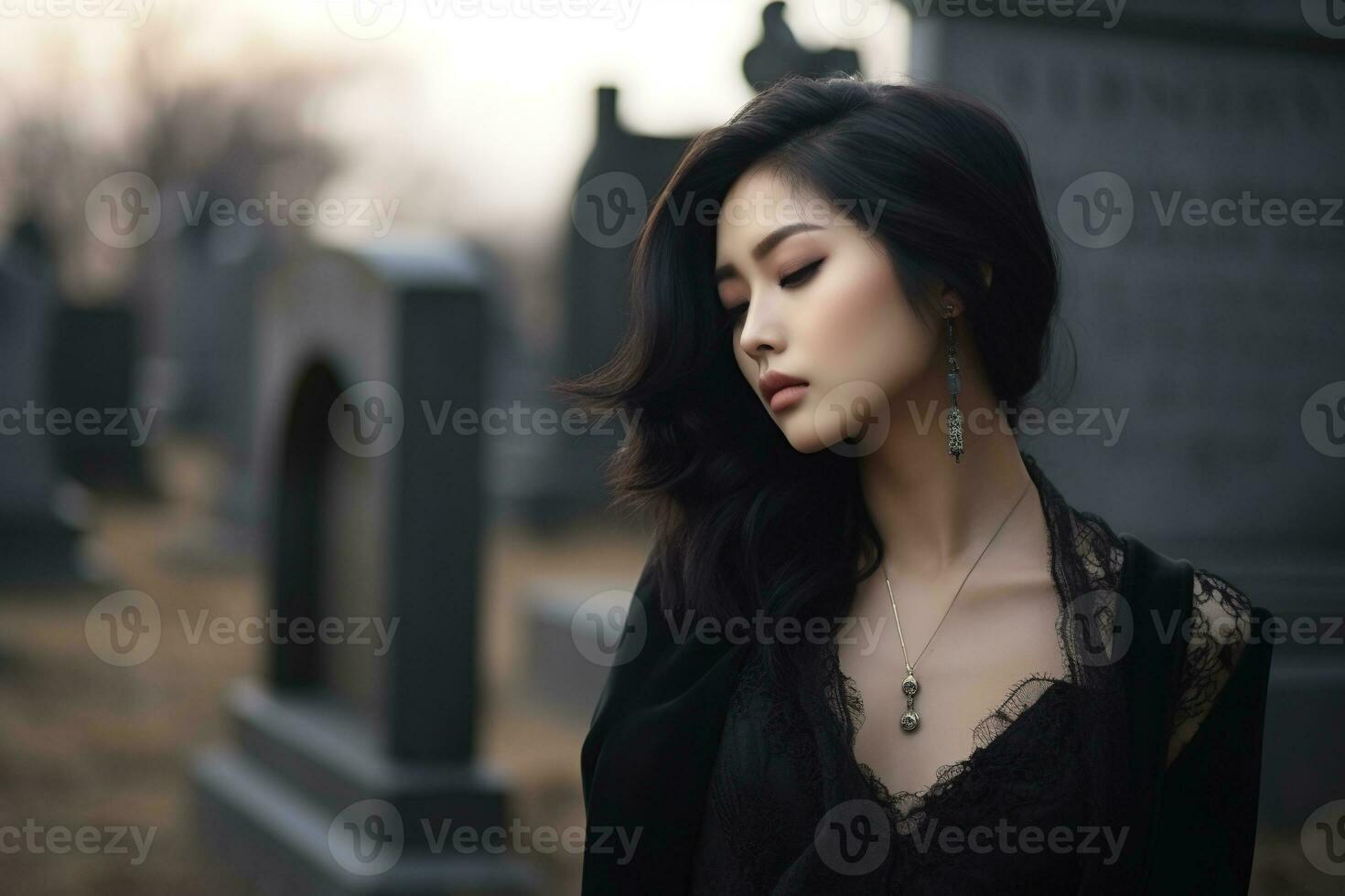 ai généré magnifique Jeune femme dans le vieux cimetière. photo