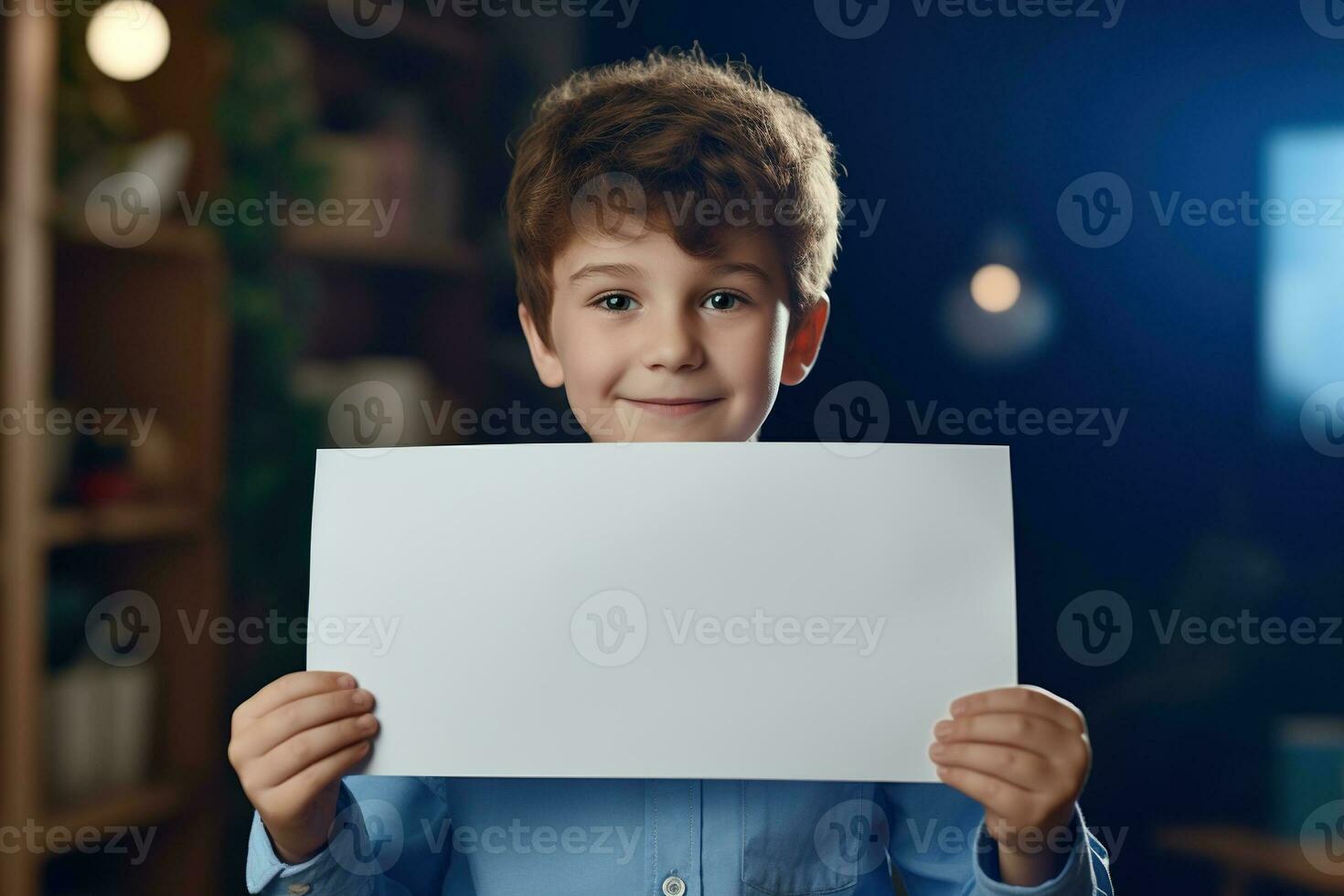 ai généré peu garçon en portant une Vide blanc feuille de papier photo