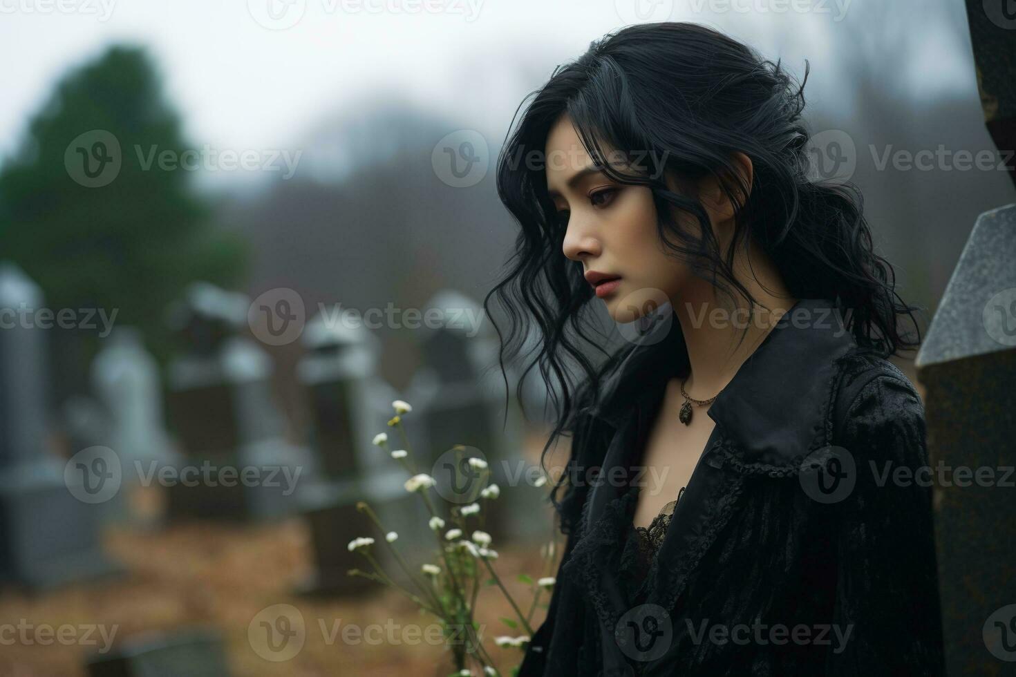 ai généré magnifique Jeune femme dans le vieux cimetière. photo