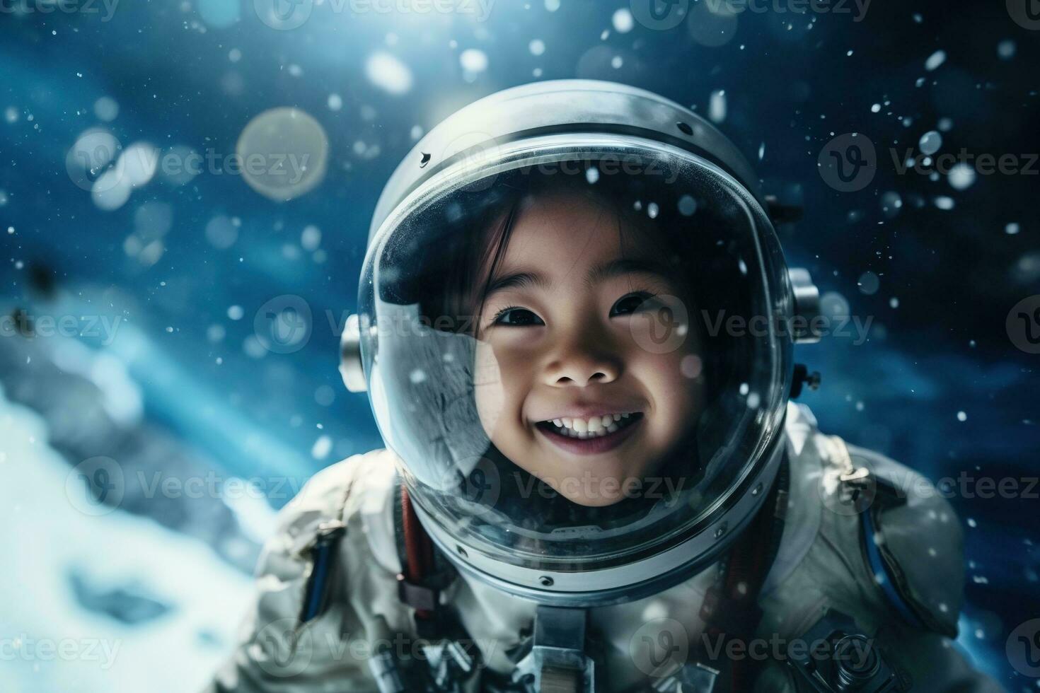 ai généré portrait de peu asiatique fille portant astronaute casque dans le espace photo