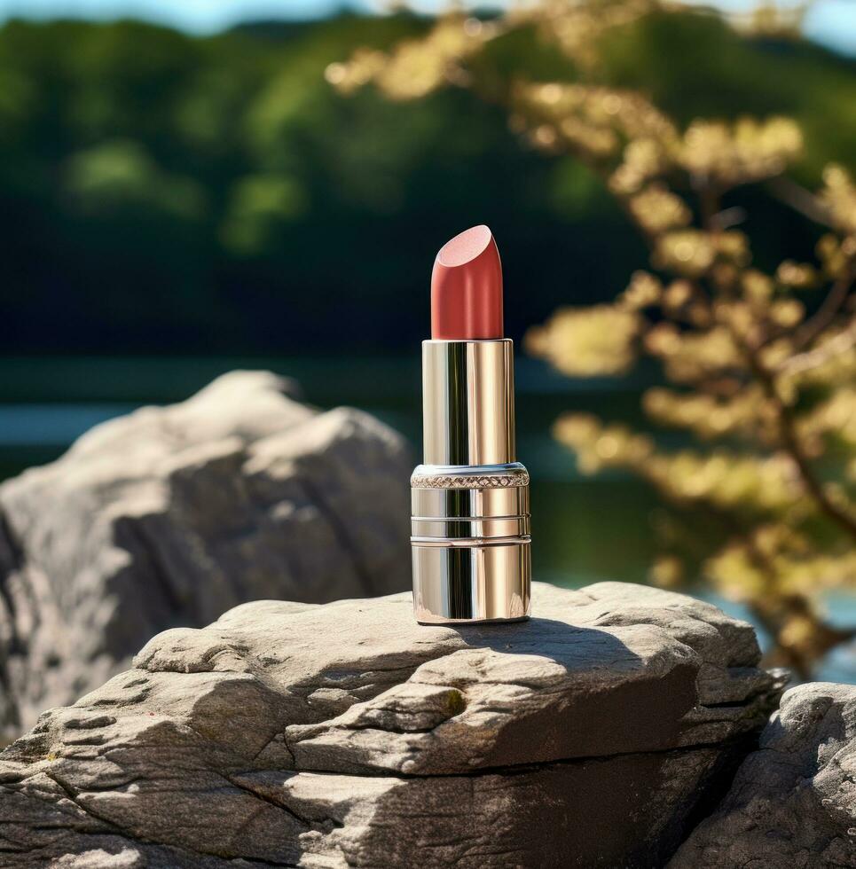 ai généré rouge à lèvres séance sur une Roche près une lac, photo