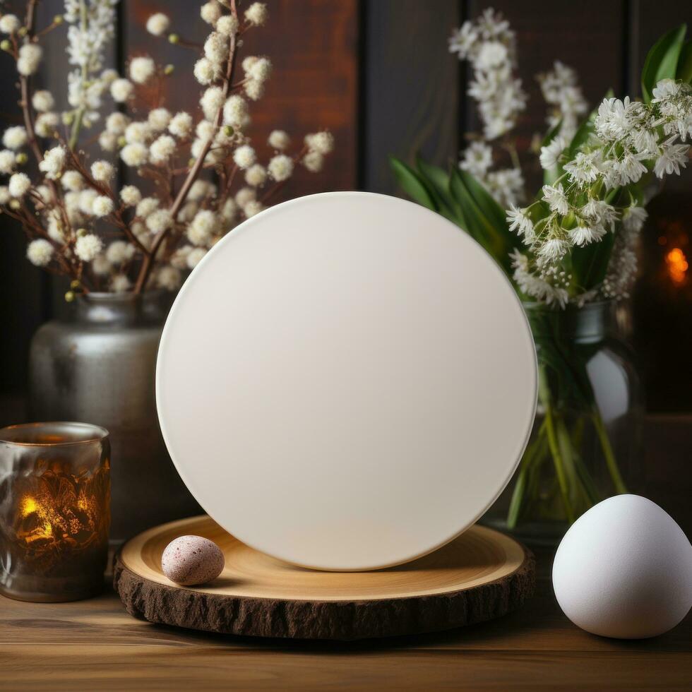 ai généré blanc cercle salutation carte avec Vide devant, réaliste sur une maquette modèle dans une en bois table dans une Pâques luxe Contexte dans Accueil à l'intérieur, photo