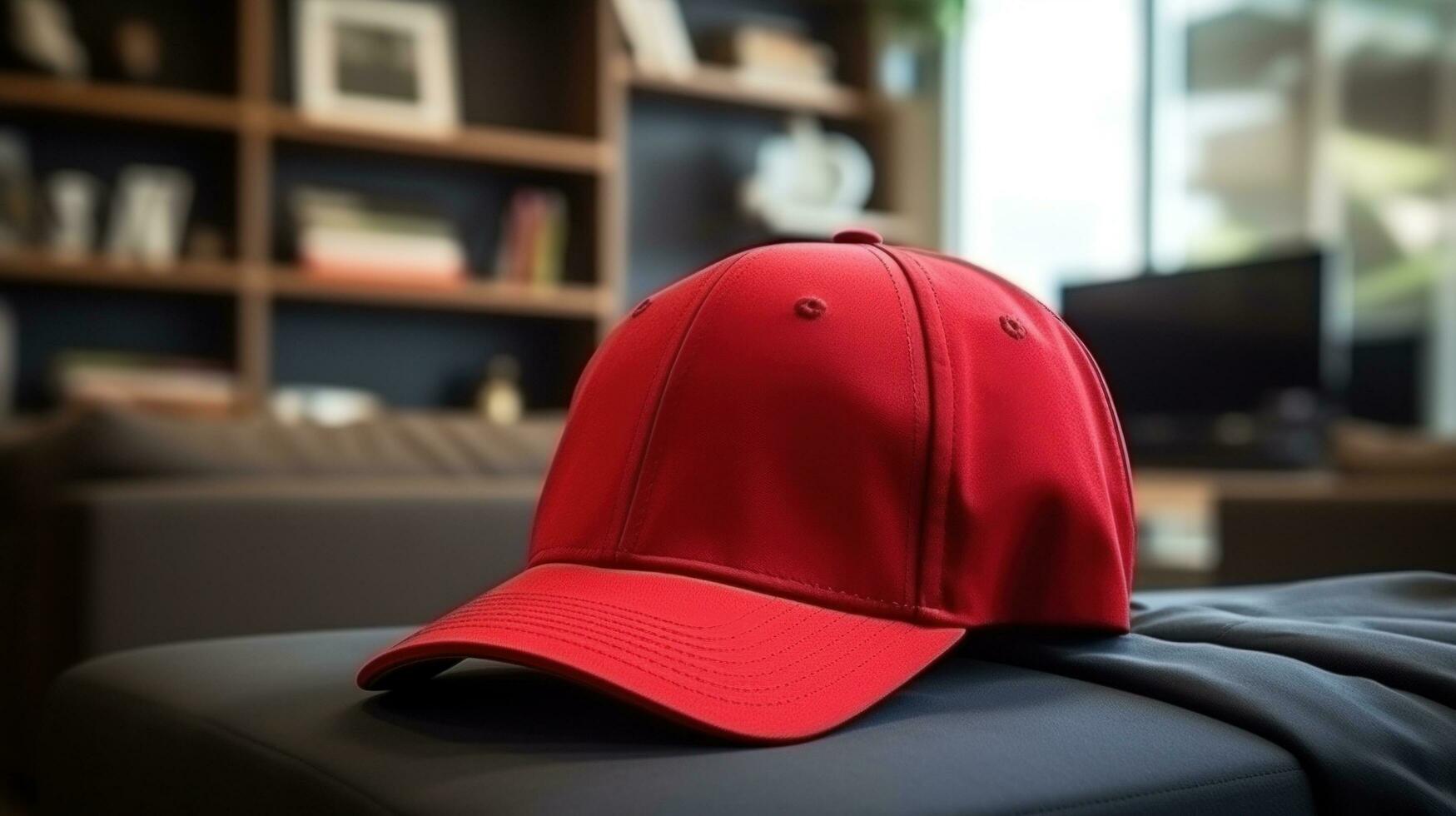 ai généré athlète moderne base-ball rouge casquette avec réaliste sur une maquette modèle dans une herbe dans une stade photo