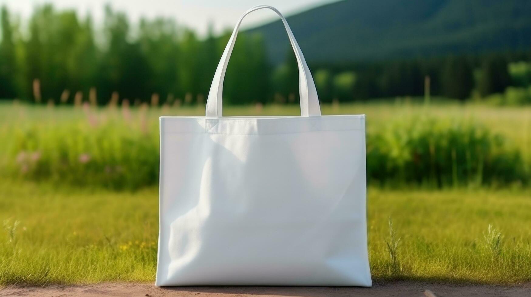 ai généré coton blanc plaine fourre-tout sac avec Vide devant, réaliste sur une maquette modèle dans une vert Prairie photo