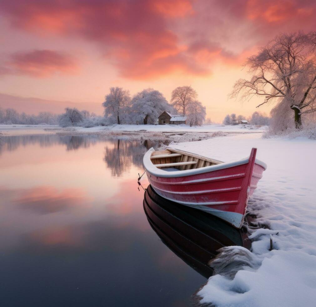 ai généré rouge bateau sur l'eau tandis que neige les coups le rive, photo