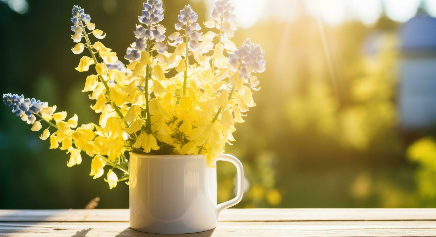 ai généré une Jaune agresser plein de delphiniums à l'extérieur dans le lumière du soleil, photo