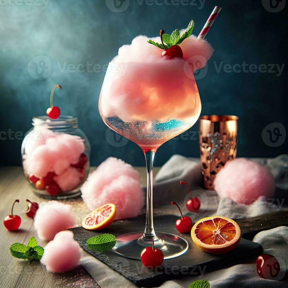 ai généré cocktail avec Cerise et coton bonbons ai génératif photo