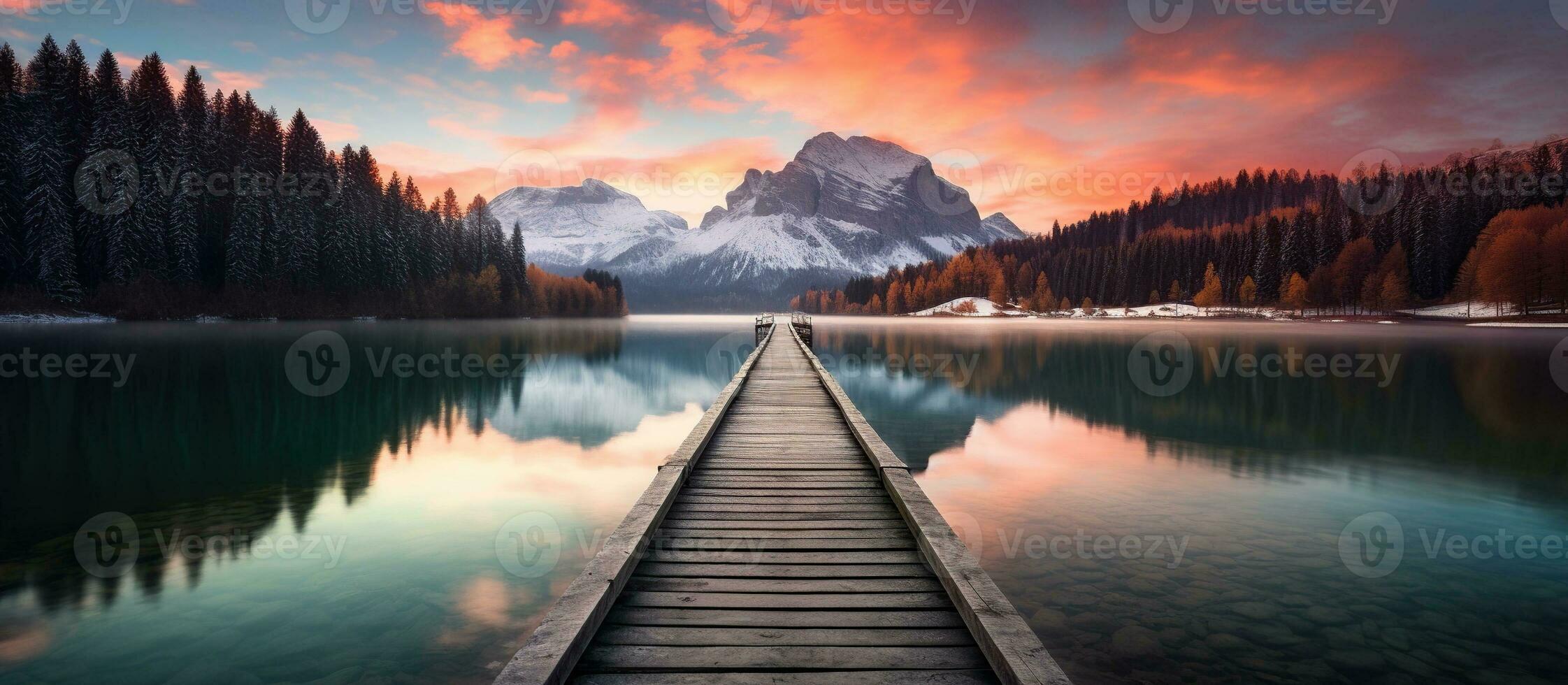 ai généré en bois jetée sur le Lac avec montagnes dans le Contexte. génératif ai. photo