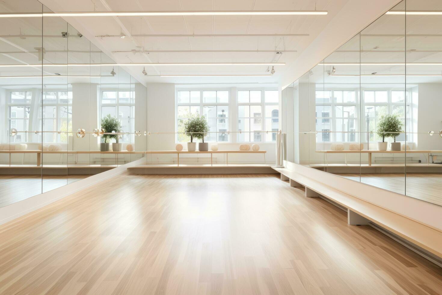 ai généré ballet salle avec en bois sol et grand les fenêtres dans une moderne ballet entrée, une Danse studio avec une lisse barre et large miroirs, ai généré photo