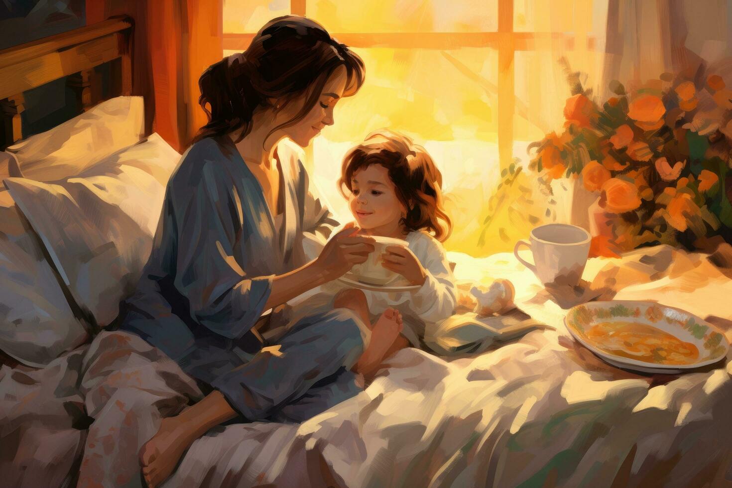 ai généré mère et fille ayant petit déjeuner dans le lit à Accueil dans le matin, une confortable petit déjeuner dans lit scène pour maman, ai généré photo