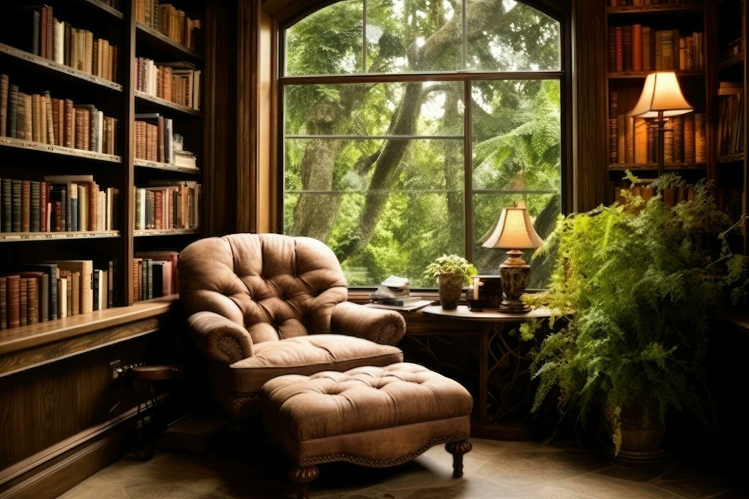 ai généré luxe vivant pièce intérieur avec étagère à livres et fauteuil, une confortable en train de lire coin avec une peluche chaise et en bois étagères, ai généré photo