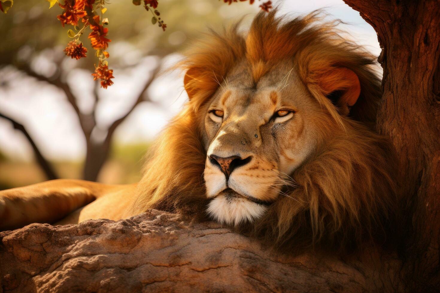 ai généré Lion dans Kruger nationale parc, Sud Afrique espèces panthera Leo famille de félidés, une royal Lion sieste en dessous de une arbre sur le africain, ai généré photo