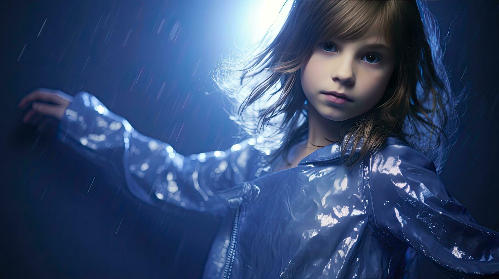 ai généré fermer photo de une magnifique fille dans bleu avec lumières