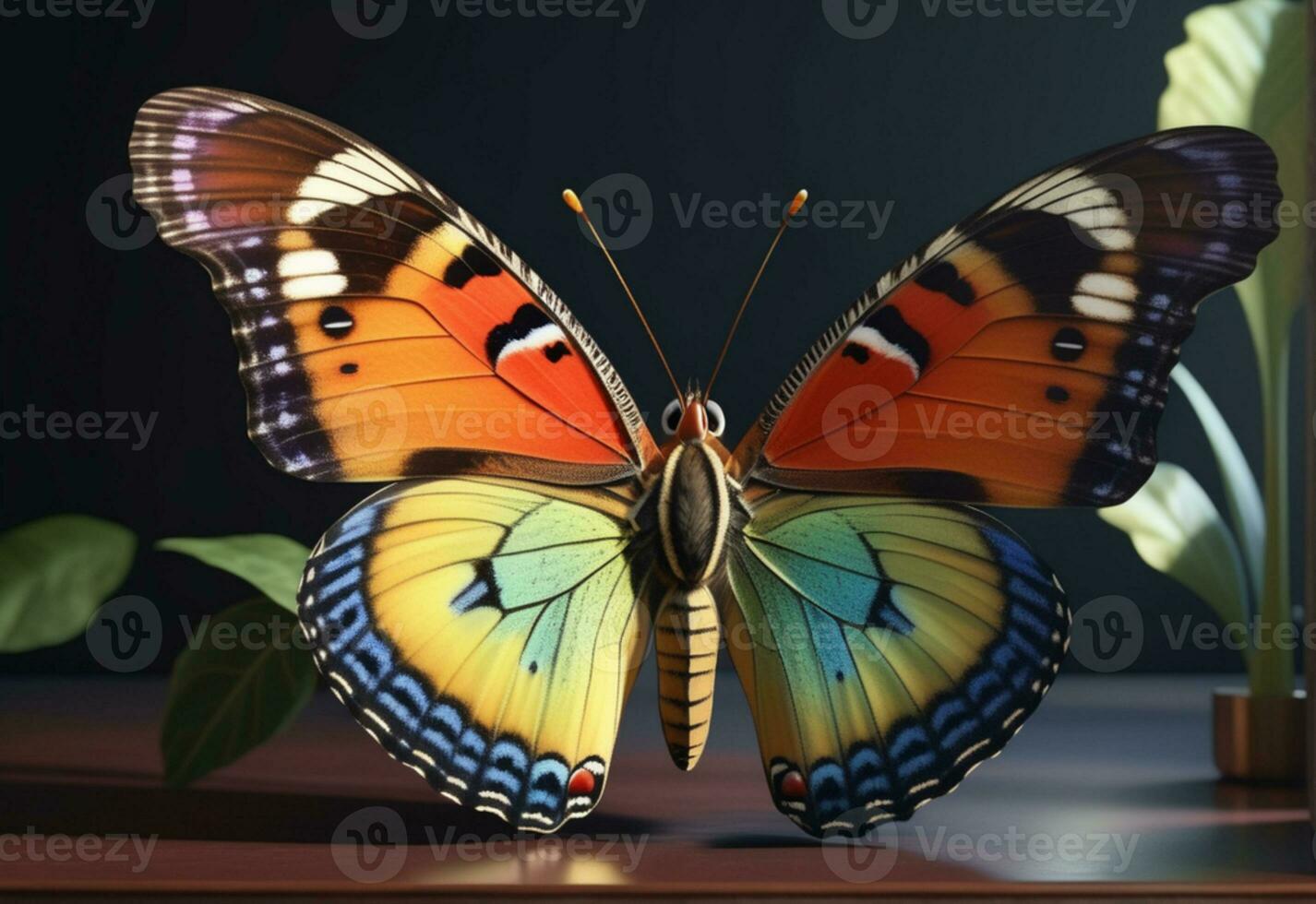 ai généré une papillon est séance sur une plante avec feuilles photo