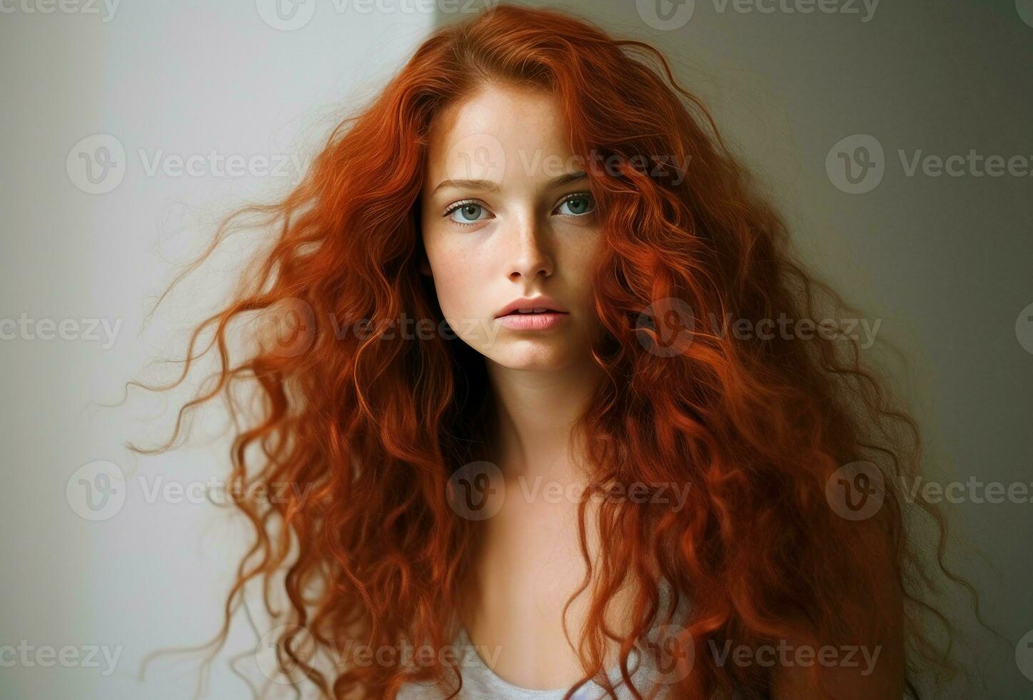 ai généré énergique longue frisé rouge cheveux fille. produire ai photo