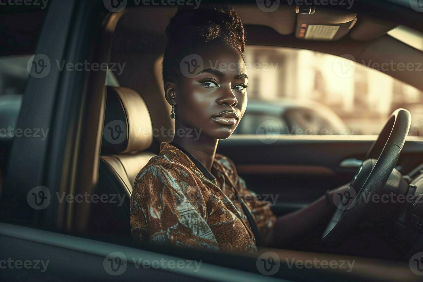 ai généré africain femelle entrepreneur conduite une auto. produire ai photo
