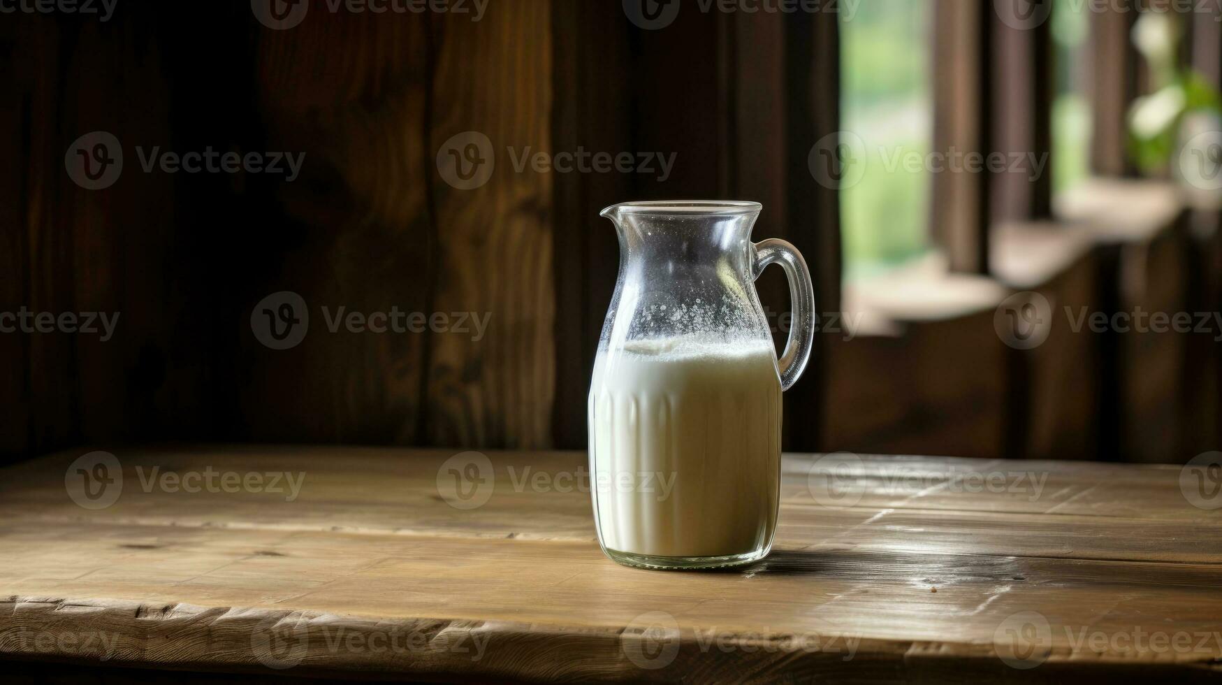 ai généré bouteille de Lait sur en bois table avec rustique intérieur photo